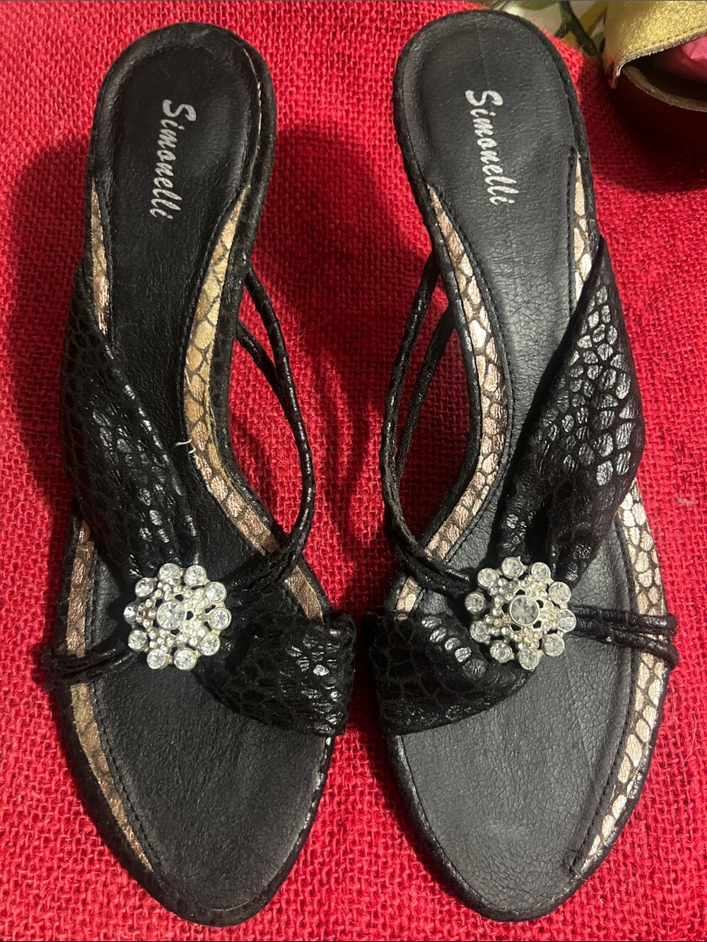 Simonett Black Rhinestone Flower Slide Sandals